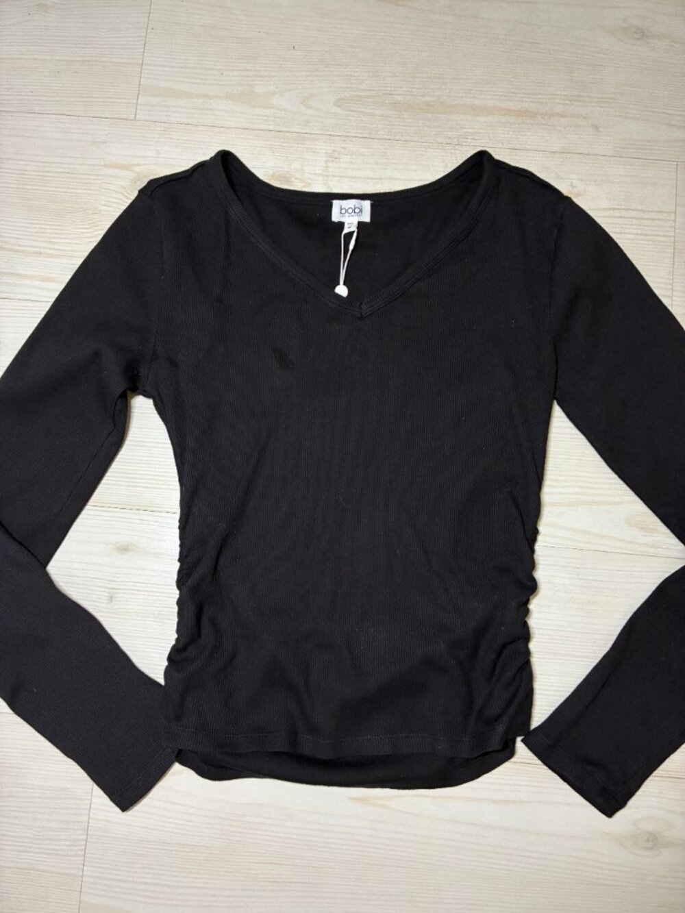 bobi Los Angeles Black Ribbed V-Neck Ruched Long Sleeve Top Size M 100% Cotton